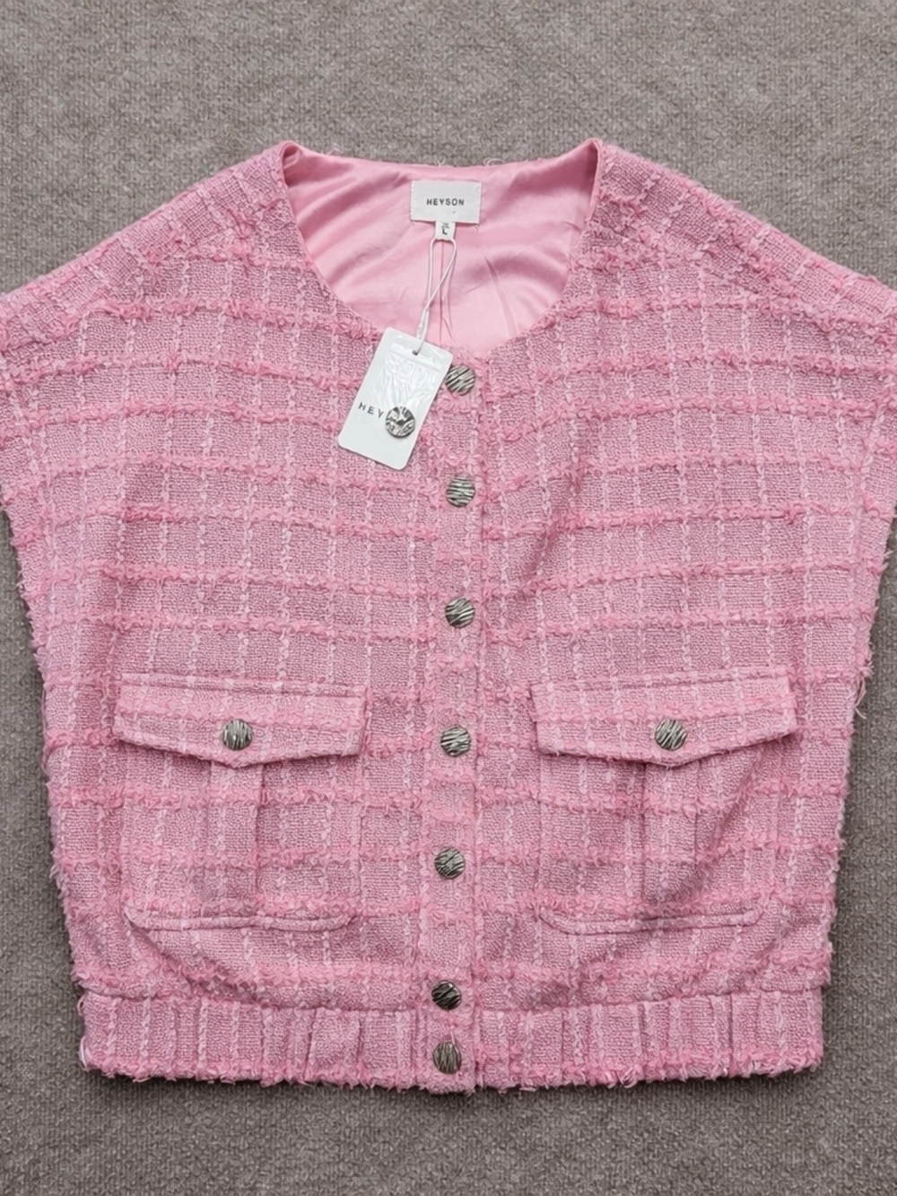 Heyson Bubblegum Pink Tweed Vest Button Down NWT Size Large Chic Textured - Picture 2 of 7
